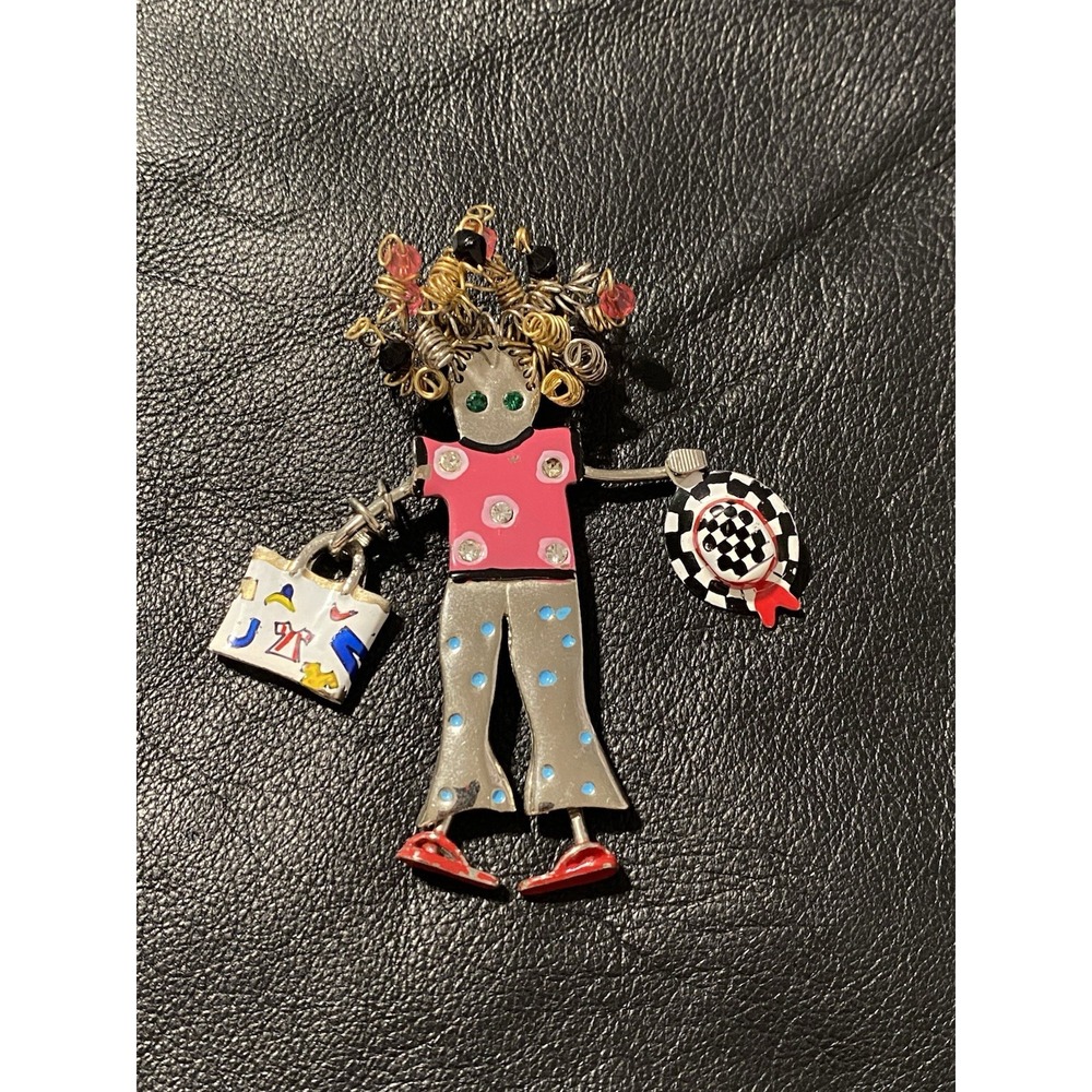 BEAUTIFUL CARRETTE by GANZ SHOPPING GIRL PIN BROOCH PENDANT ENAMELED MOVEABLE